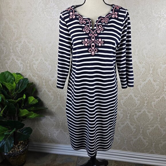 Talbots Petite Size Large Blue White Striped Shift Dress 3/4 Sleeve Embroidery - Picture 1 of 10